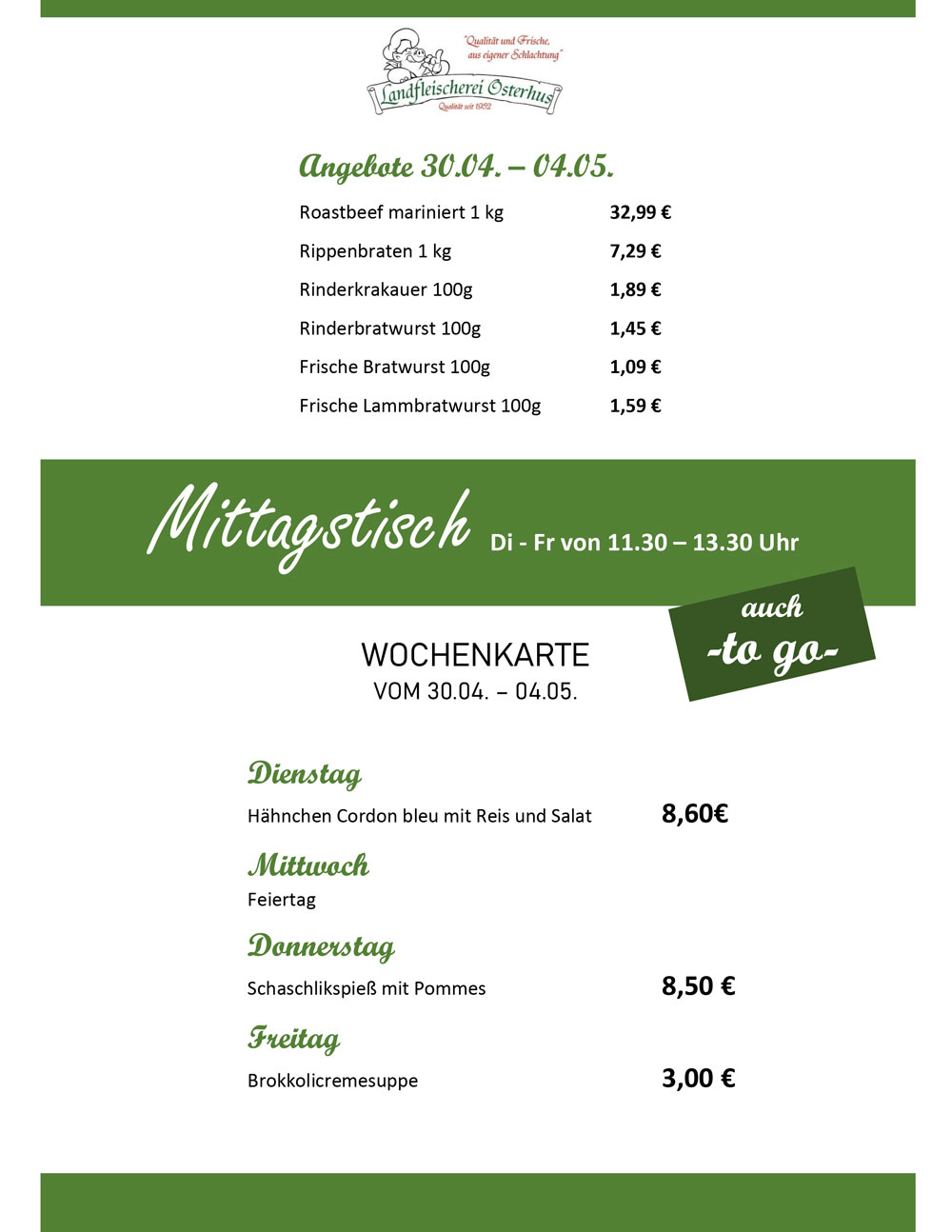 Landfleischerei Osterhus GmbH - Angebote & Mittagstisch