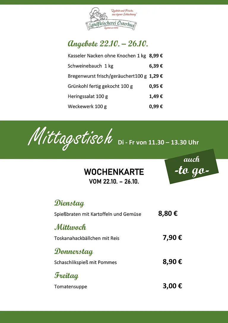 Landfleischerei Osterhus GmbH - Angebote & Mittagstisch